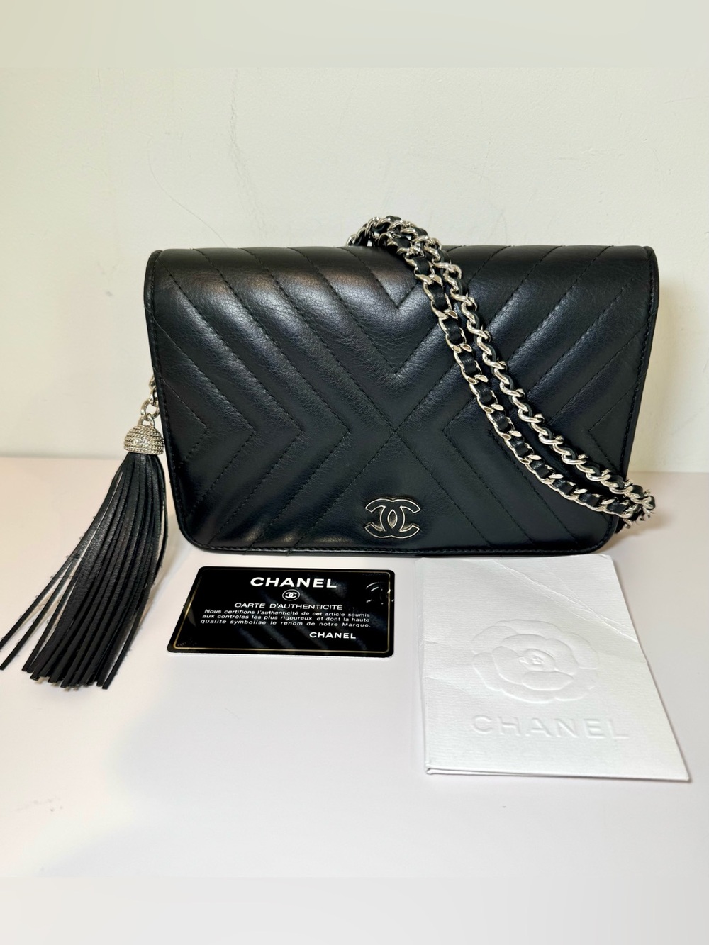 Chanel Chevron Black Calfskin Leather Tassel Wallet On Chain W Silver Hardware